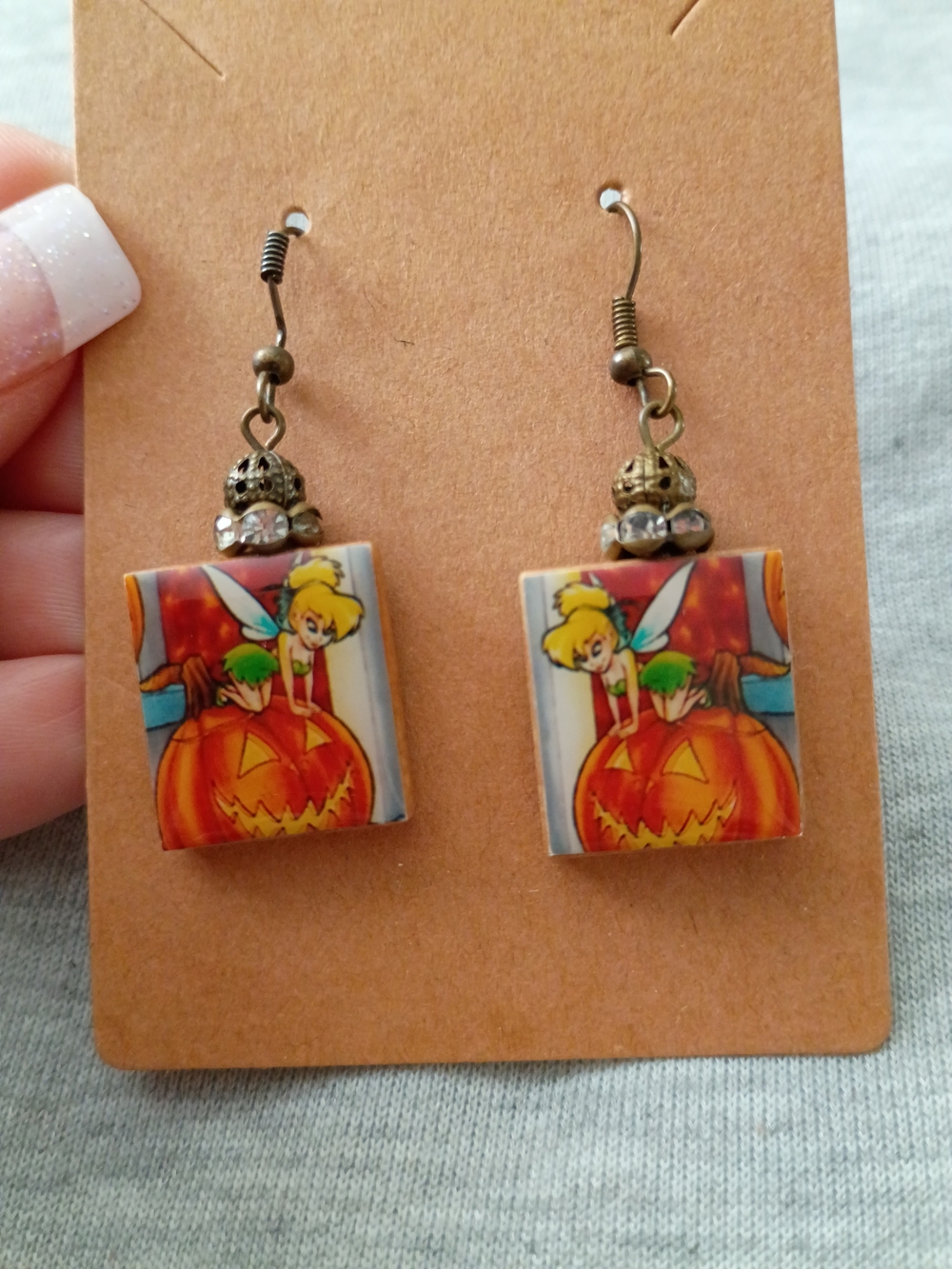 Handmade Tinker Bell Halloween Pumpkin Drop Earrings.